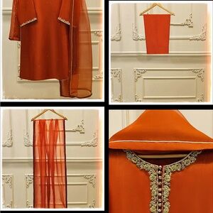 Elegant Orange Embroidered Dress with Dupatta